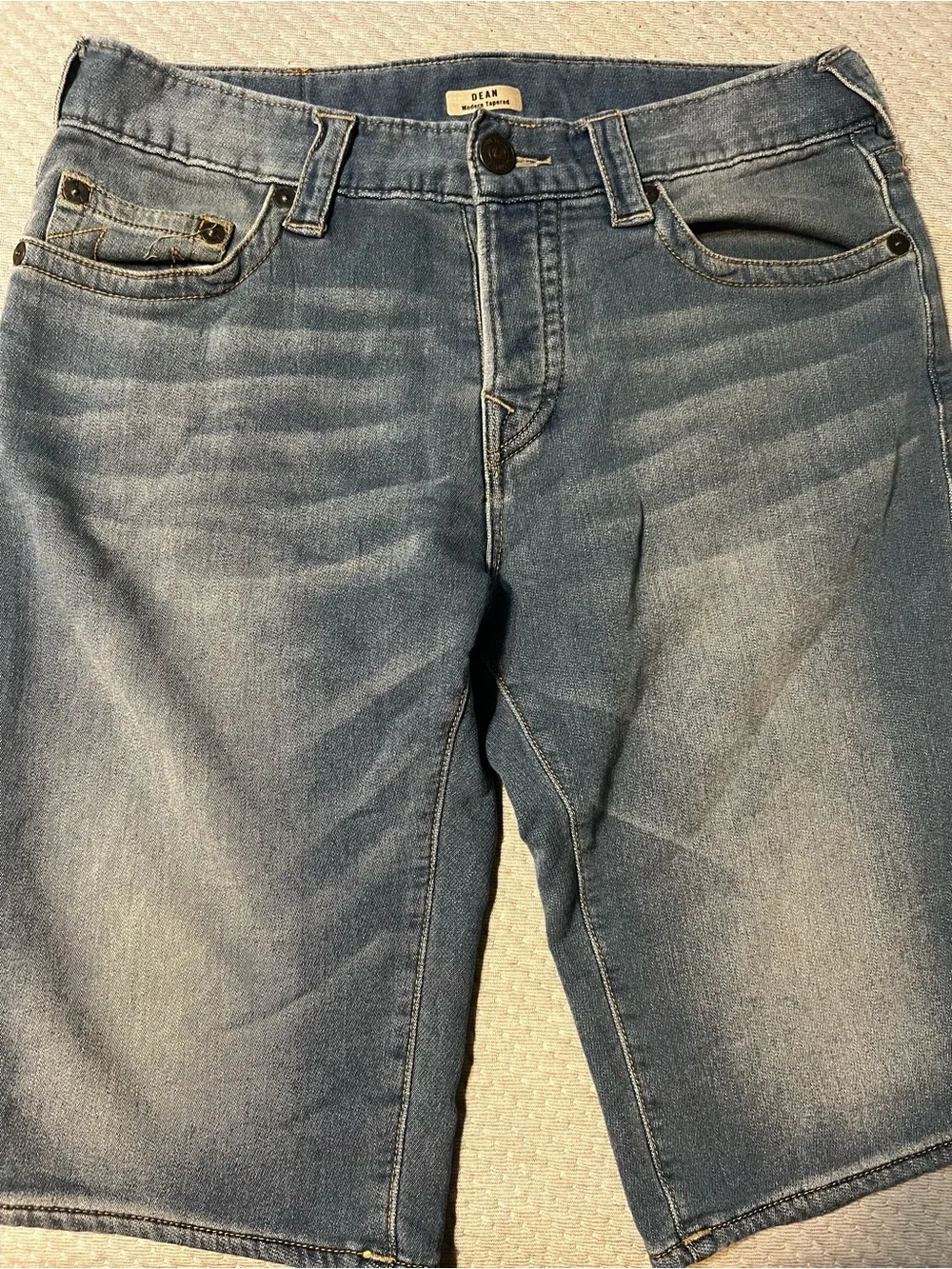 True Religion Light Blue Denim Shorts with Signature Back Pockets